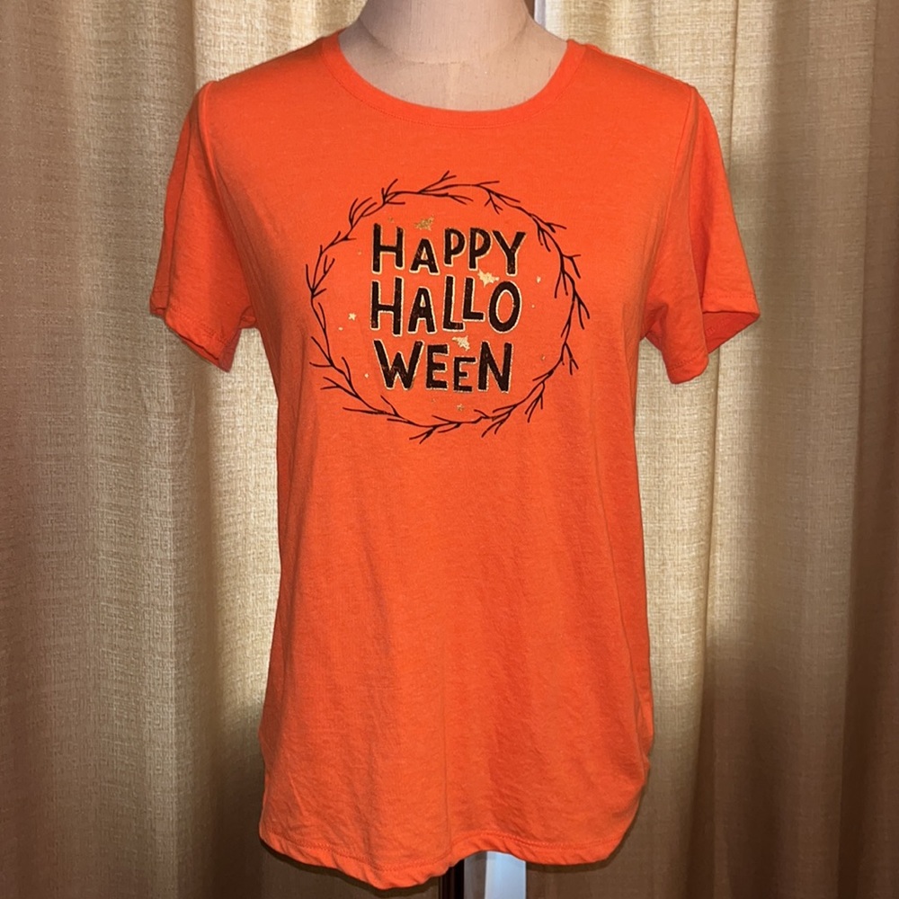 Celebrate Halloween Womens Medium 8/10 Short Sleeve Orange Black Gold Shirt